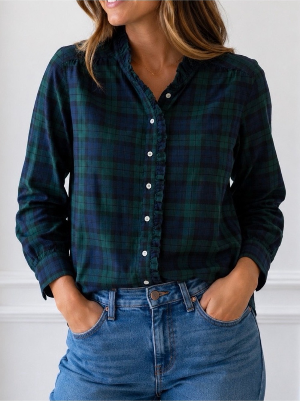 J.Crew Factory Women's Ruffle-Placket Button-Up Top Tartan Plaid S Green Navy
